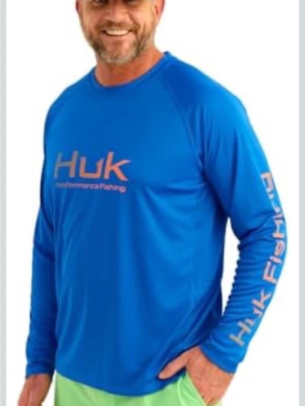 Huk Men’s Long Sleeve Blue Performance Fishing with Coral Logo and Sleeve Script